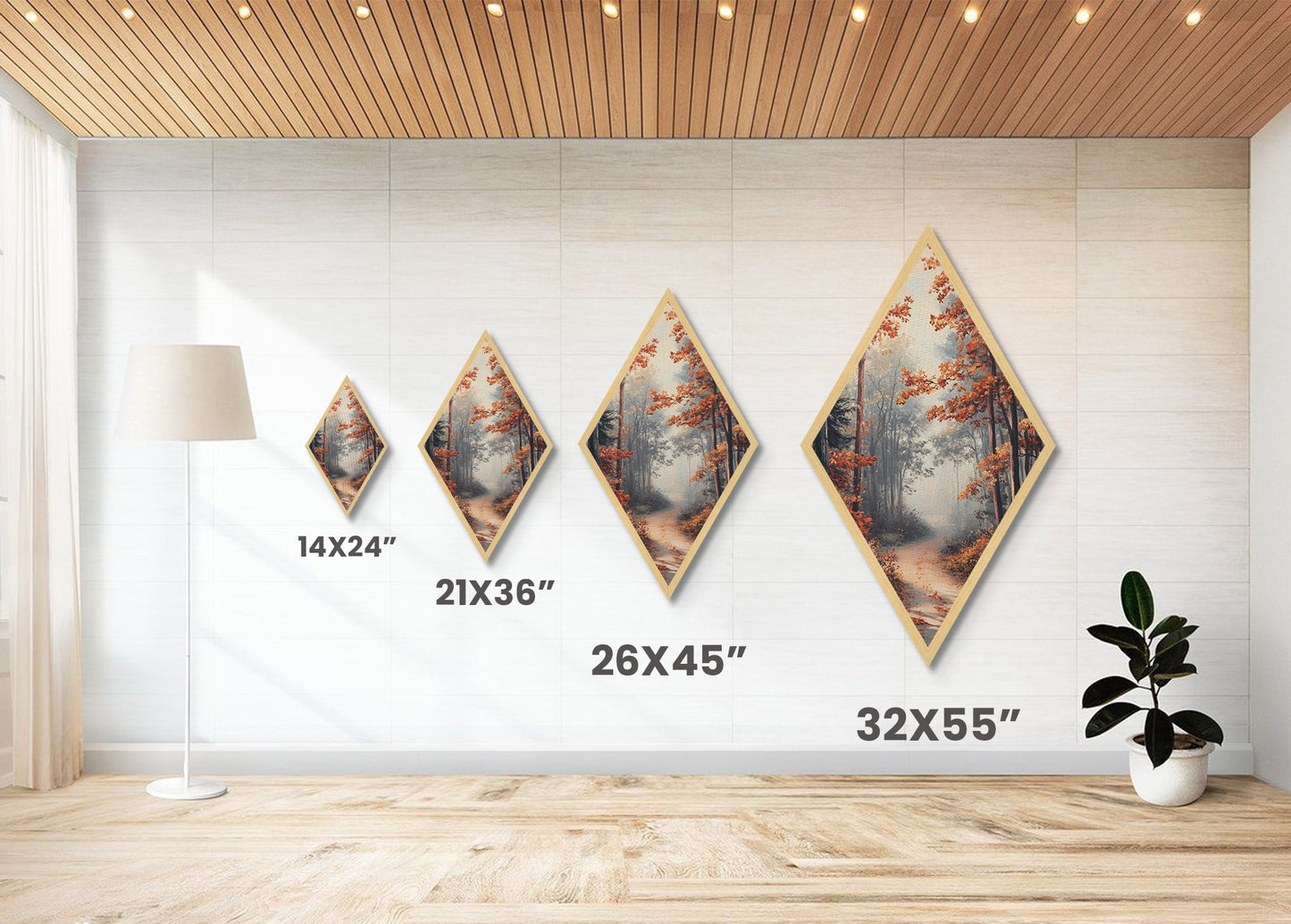 Diamond Shaped Autumn Forest Glow, warm foliage scenic Canvas Textured Print, cozy woodland path artwork, rustic fall home wall piece