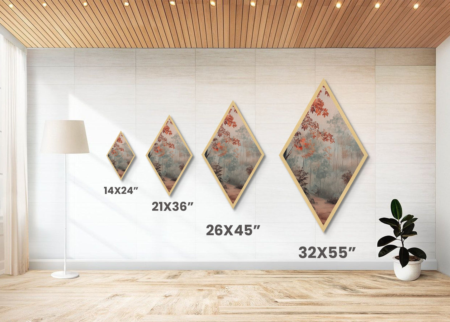 Diamond Shaped Misty Red Autumn Trees, peaceful morning woods Canvas Art Print, soft seasonal foliage decor, muted fall forest artwork