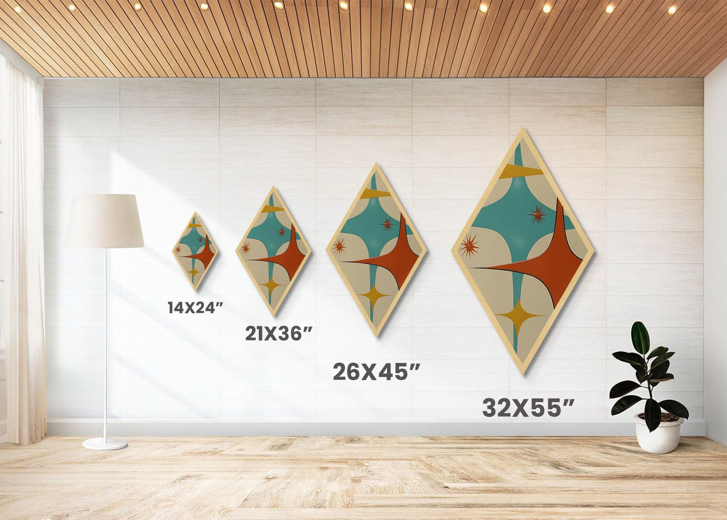 Retro Rocket Spikes – Diamond Shaped Canvas Art Print, midcentury atomic design, minimalist geometric decor, starburst pattern artwork