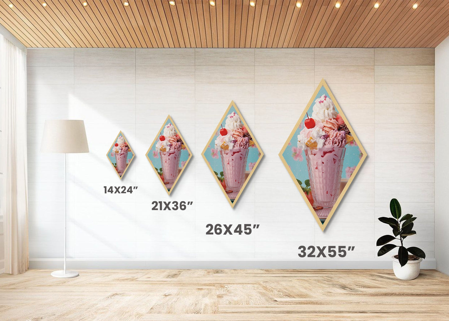 Retro Ice Cream Sundae – Canvas Art Print Whimsical Dessert Wall Decor, Pastel Kitchen Art, Diamond Shaped Sweet Treats Pop Art