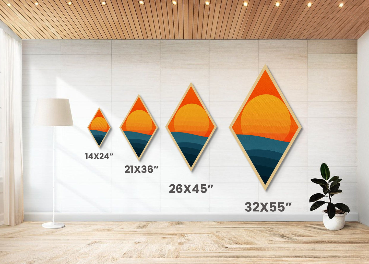 Sunset Radiance Horizon Diamond Shaped Canvas Textured Print with bold orange sun minimalist landscape warm earth tones geometric wall decor