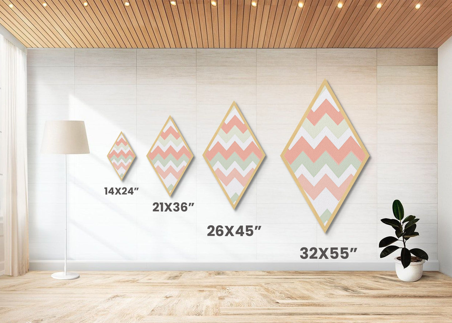 Pastel Chevron Simplicity Diamond Shaped Canvas Art Print with soft zigzag pattern modern minimal nursery decor blush green wall geometric vibe