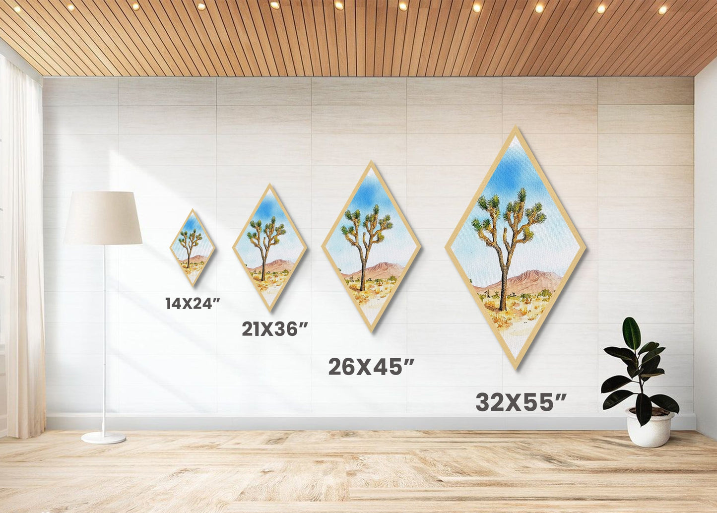 Mojave Tree Scene Diamond Shaped Canvas Textured Print, Watercolor Nature Landscape, Desert Mountain Western Wall Art