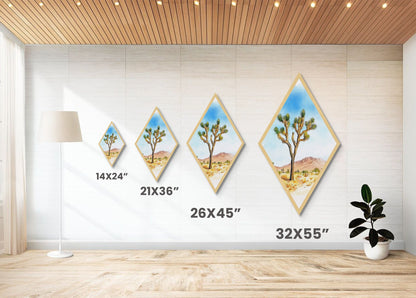 Mojave Tree Scene Diamond Shaped Canvas Textured Print, Watercolor Nature Landscape, Desert Mountain Western Wall Art