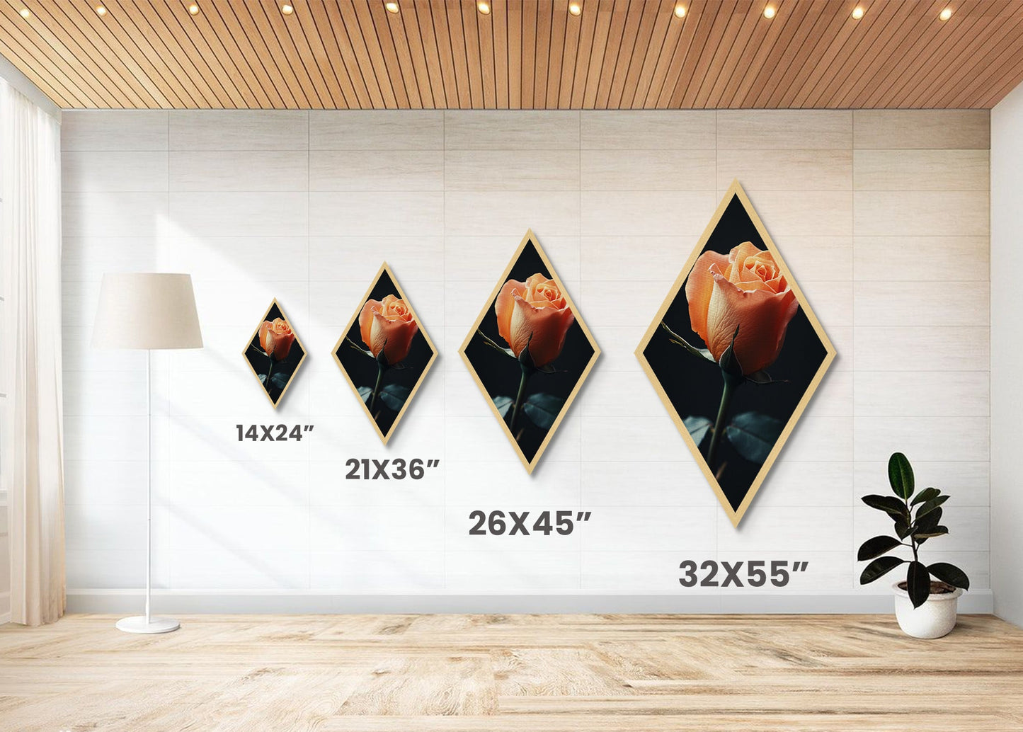 Soft Peach Rose Diamond Shaped Canvas Embossed Print, Floral Minimalist Wall Art, Romantic Moody Botanical Fine Decor