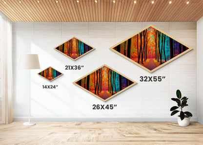 Chromatic Forest Path – Diamond Shaped Rainbow Woodland Trail Canvas Art Print with autumn trees, vibrant color spectrum, surreal landscape
