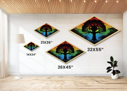 Prism Tree of Life – Diamond Shaped Rainbow Roots Silhouette Canvas Art Print with psychedelic tree, colorful energy, and abstract style