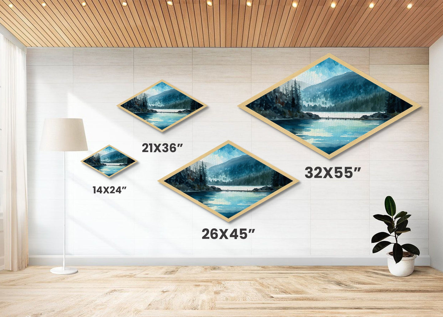 Misty Lake Retreat – Diamond Shaped Canvas Textured Print with tranquil blue waters, evergreen reflection scene, peaceful nature wall art