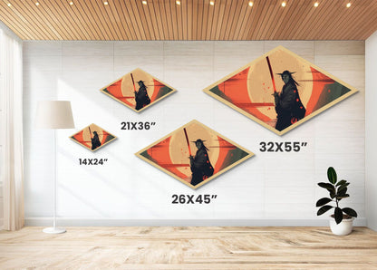 Demon Samurai Stance Diamond Shaped Canvas Art Print, Japanese Anime Warrior Decor, Red Moon Battle Scene, Teen Room Artwork