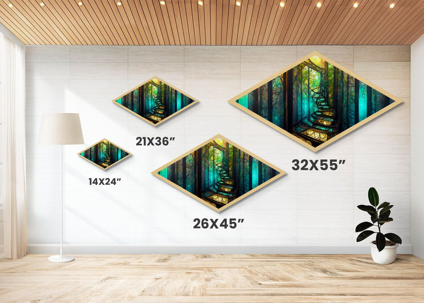 Magic Forest Portal Diamond Shaped Canvas Textured Print, fantasy woodland entrance art, colorful ethereal tree landscape print