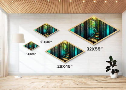 Magic Forest Portal Diamond Shaped Canvas Textured Print, fantasy woodland entrance art, colorful ethereal tree landscape print