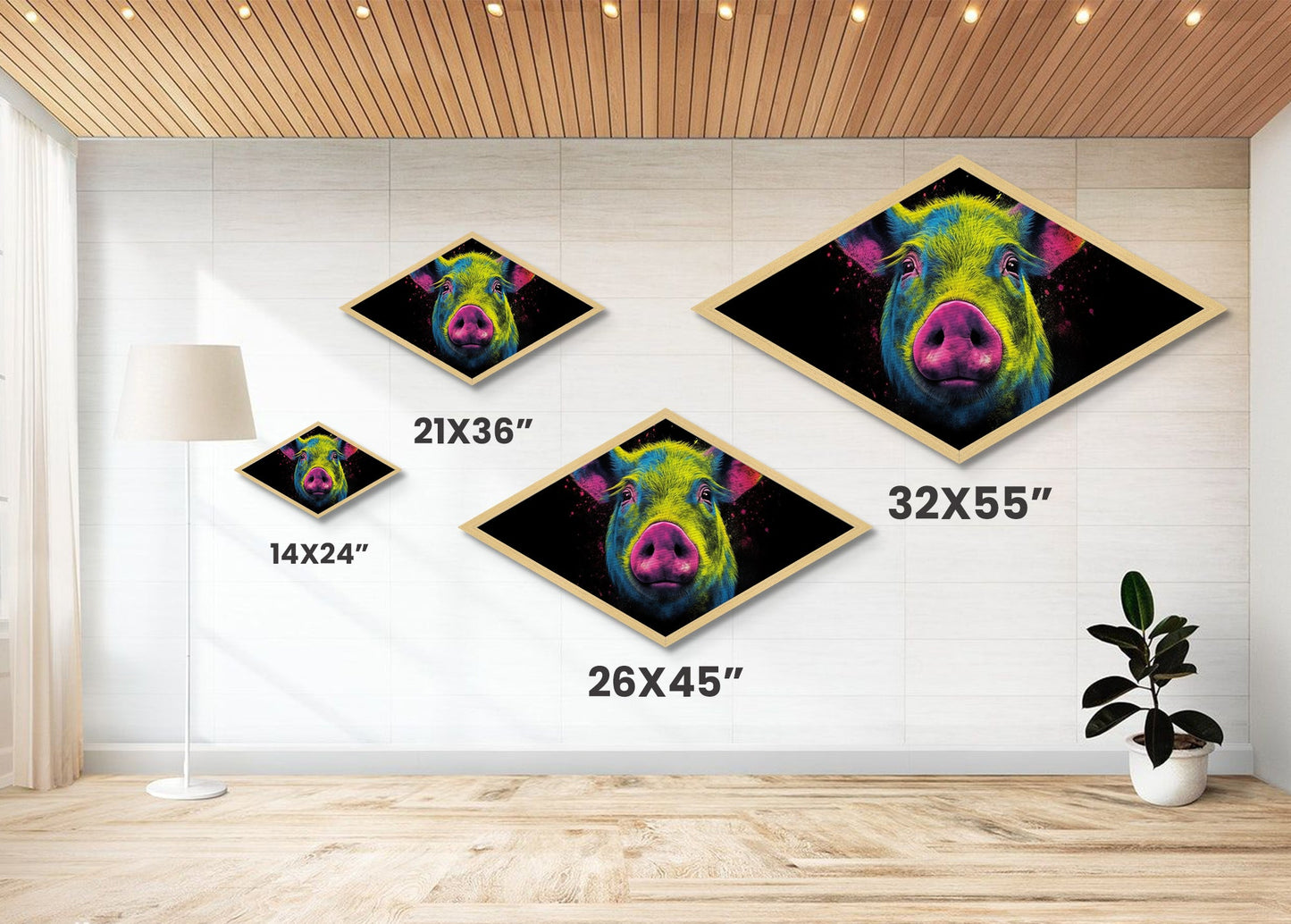 Psychedelic Pig Face – Diamond Shaped Canvas Art Print, Bold Animal Decor, Color Pop Wall Accent, Modern Farmhouse Nursery Gift