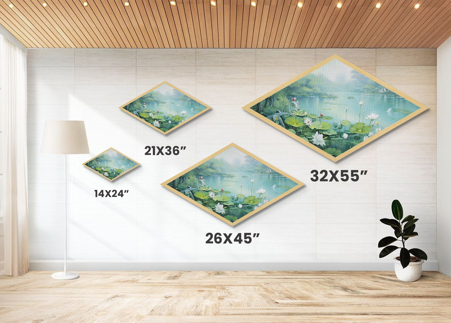 Tranquil Lily Pond Diamond Shaped Canvas Textured Print with peaceful lotus flowers, lake landscape art, spa room wall decoration