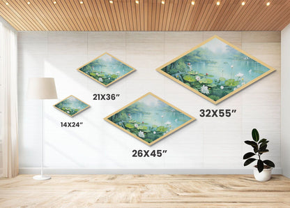 Tranquil Lily Pond Diamond Shaped Canvas Textured Print with peaceful lotus flowers, lake landscape art, spa room wall decoration