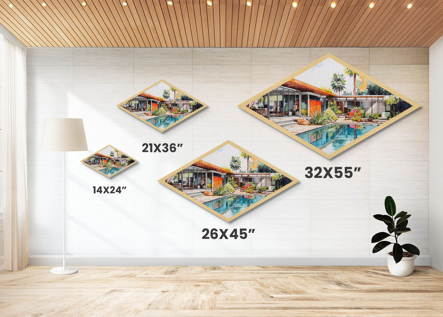 Midcentury Oasis Retreat Diamond Shaped Modern Home Canvas Art Print poolside bungalow retro palm springs architectural wall decor