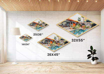 Midcentury Oasis Retreat Diamond Shaped Modern Home Canvas Art Print poolside bungalow retro palm springs architectural wall decor