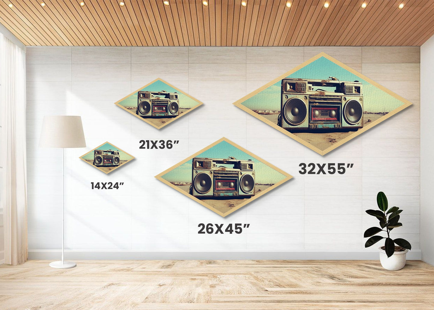 Boombox On Beach Diamond Shaped retro music lover Canvas Textured Print nostalgic 80s vibe beach sound decor man cave or dorm art