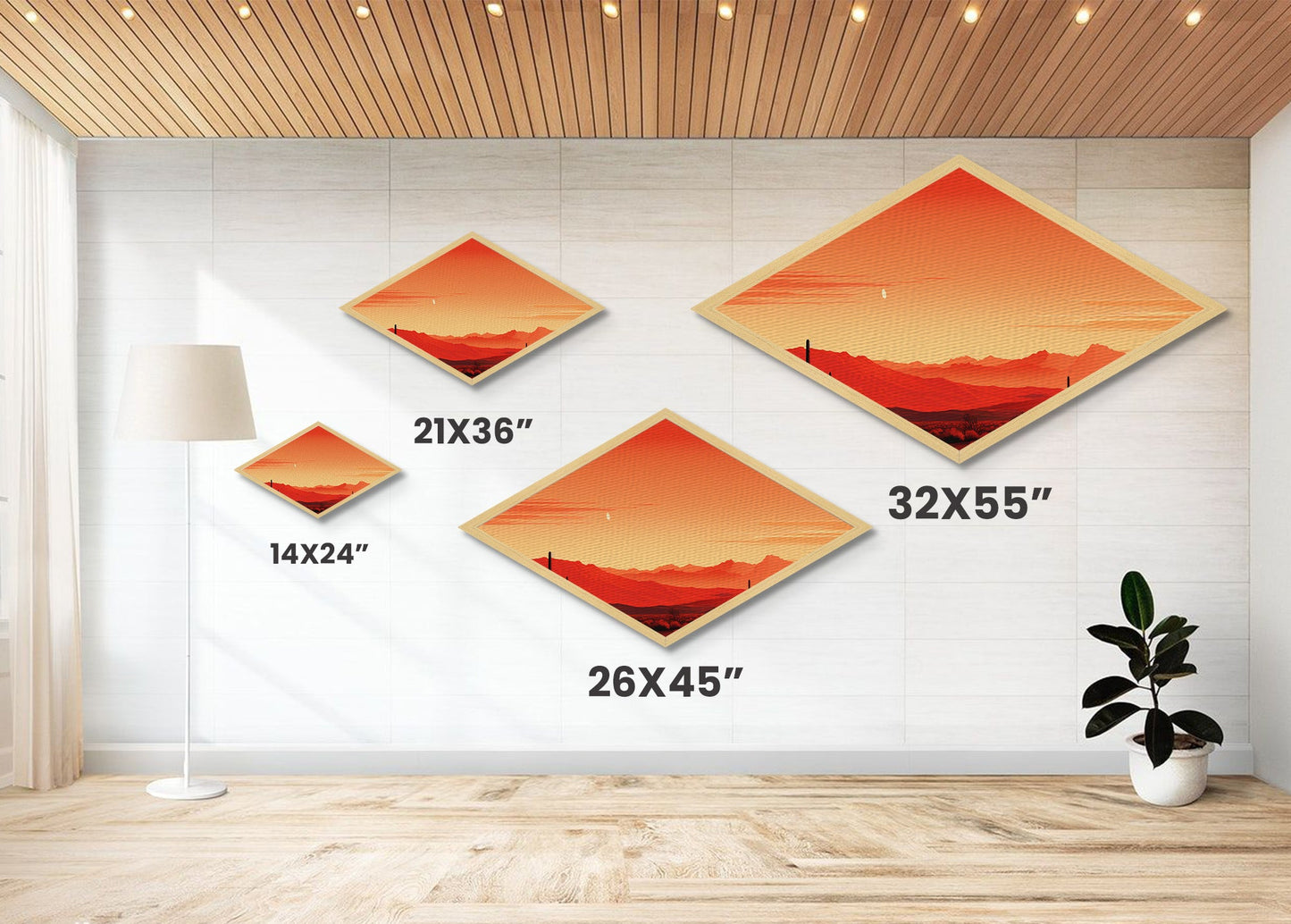 Desert Horizon Glow Diamond Shaped minimalist desert sunset Canvas Embossed Print warm orange tones boho bedroom or office accent