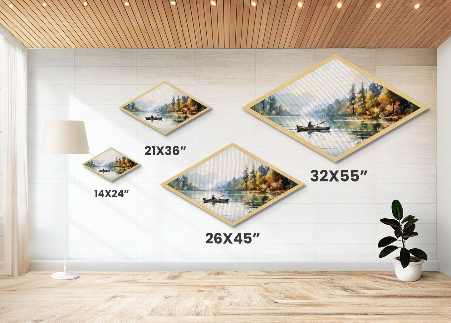 Peaceful Canoe Morning Diamond Shaped watercolor lake art Canvas Textured Print nature inspired calming space cabin or retreat gift