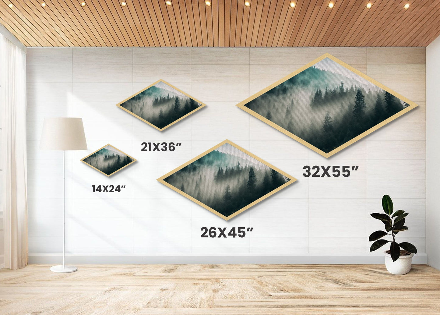 Misty Forest Layers Diamond Shaped Nature Landscape Canvas Textured Print Evergreen Pine Foggy Mountains Calm Woodland Tranquil Decor