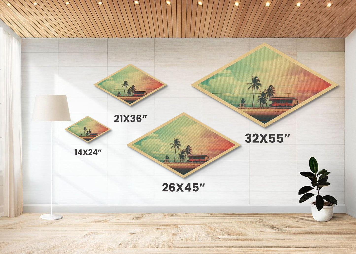 Sunset Beach Cabin — Diamond Shaped Canvas Textured Print retro coastal decor, midcentury beach wall art, vacation home aesthetic