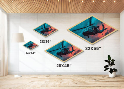 Midnight Drop Mission — Diamond Shaped Canvas Art Print helicopter military decor, stormy sky artwork, man cave or office statement