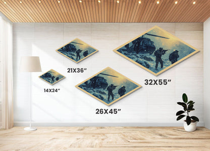 Snowfield Deployment — Diamond Shaped Canvas Textured Print army winter ops wall art, soldier gift, rustic adventure lodge accent