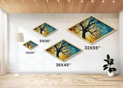 Branching Light Mosaic — Diamond Shaped Canvas Embossed Print glowing stained glass tree artwork, spiritual living room boho decor