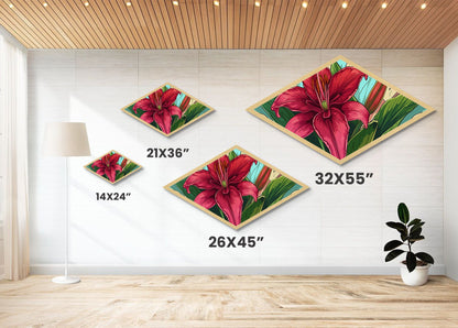 Crimson Bloom Lily Diamond Shaped Canvas Textured Print botanical flower art tropical decor living room wall art Mother's Day gift