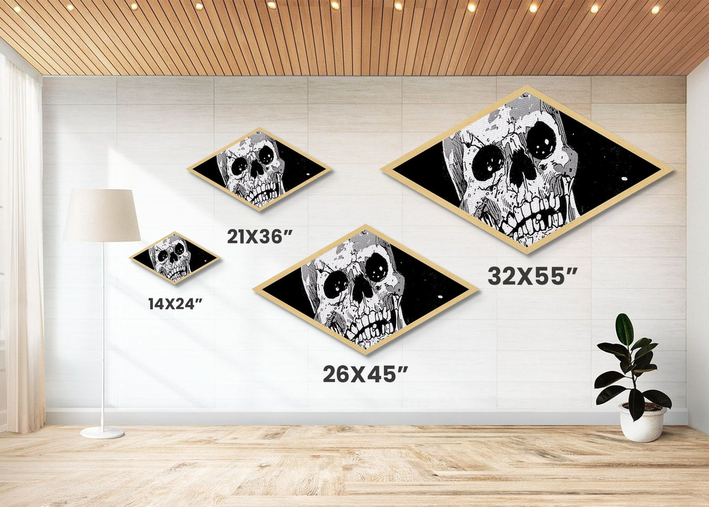 Manga Skull Scream Diamond Shaped Canvas Art Print horror comic style anime decor edgy wall art unique gothic Halloween gift