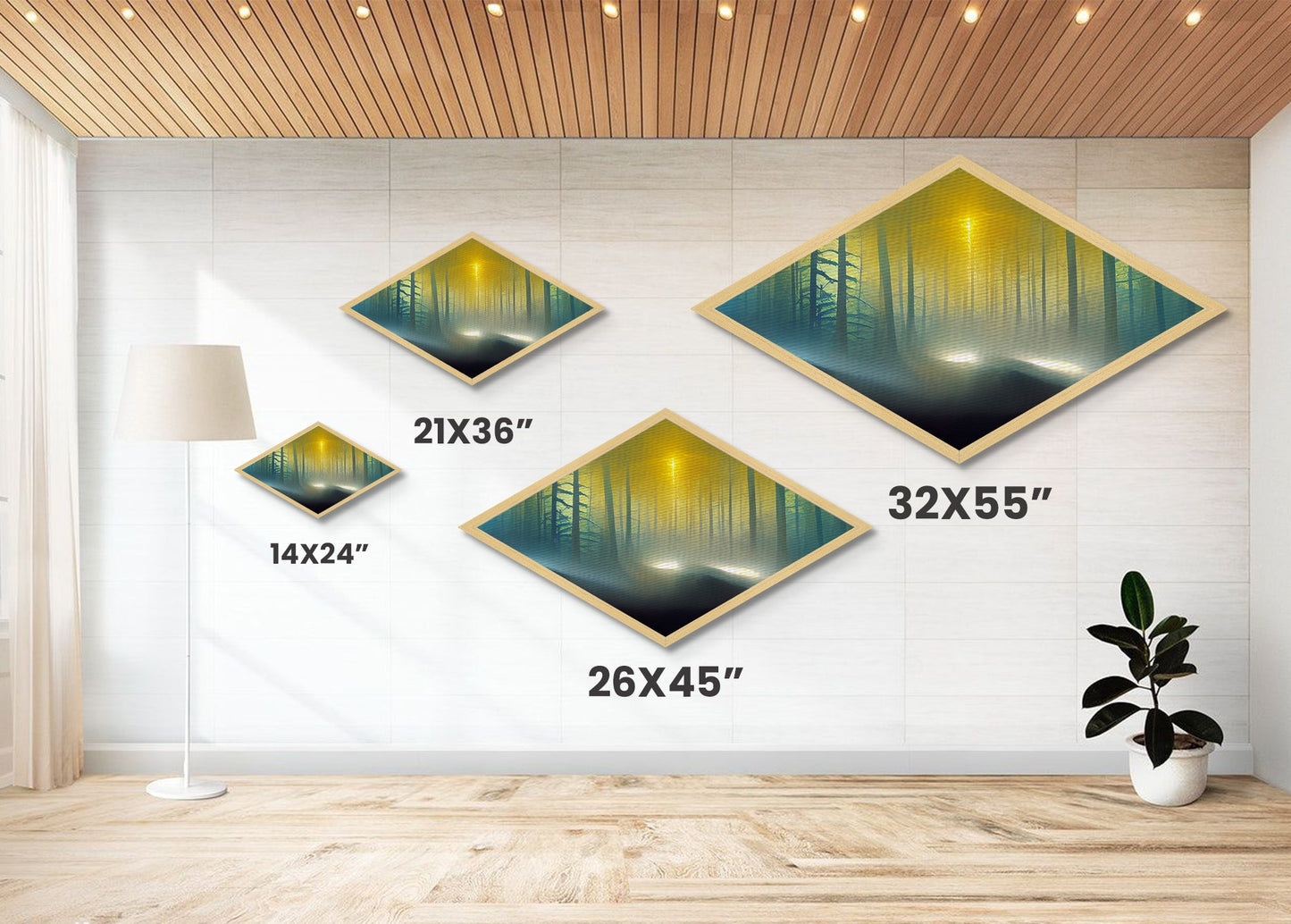 Forest Glow Tranquility Diamond Shaped Canvas Art Print, Misty Pines Sunrise Landscape Wall Decor, Nature Inspired Zen Room Accent