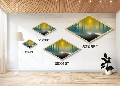 Forest Glow Tranquility Diamond Shaped Canvas Art Print, Misty Pines Sunrise Landscape Wall Decor, Nature Inspired Zen Room Accent