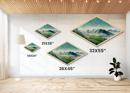 Watercolor Hills Serenity Diamond Shaped Canvas Textured Print, Misty Mountains Landscape Wall Decor, Tranquil Pastel Green Tones
