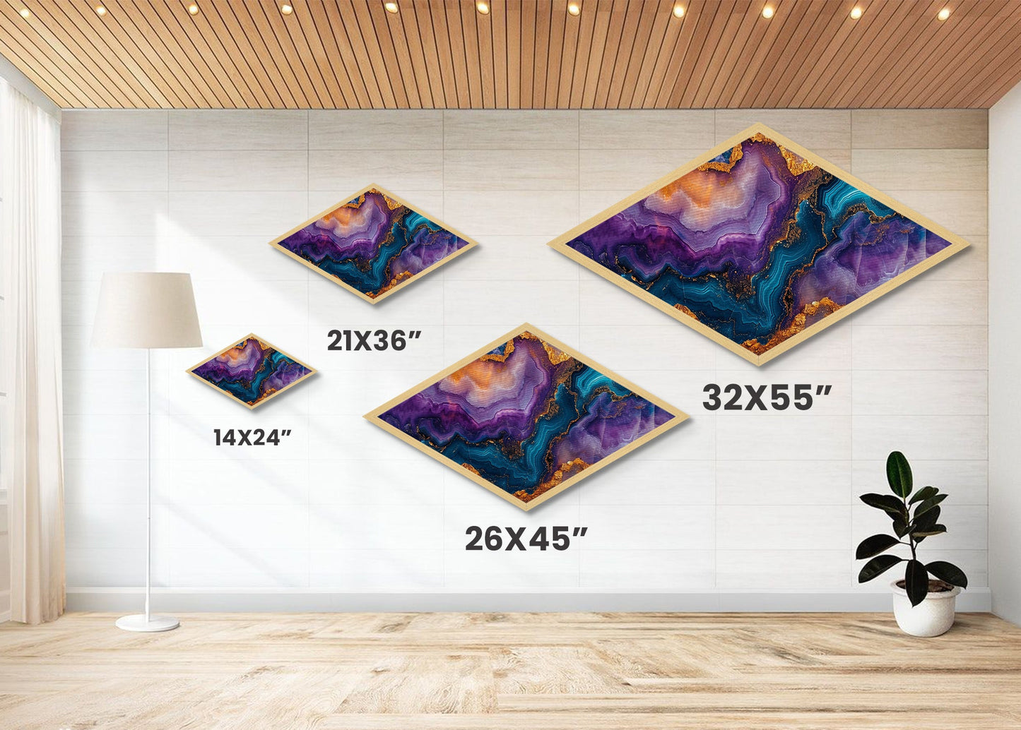Crystalline Abyss Diamond Shaped Canvas Embossed Print Geode Gemstone Wall Art Vibrant Purple Blue Gold Abstract Office Decor