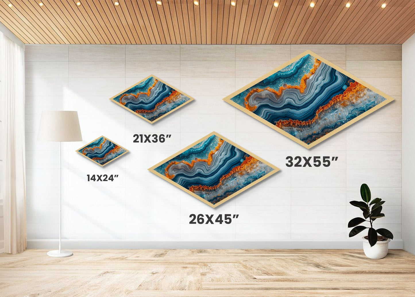 Aqua Flame Vein Diamond Shaped Canvas Textured Print Agate Crystal Slice Wall Decor Earth Tones Modern Bathroom Gift