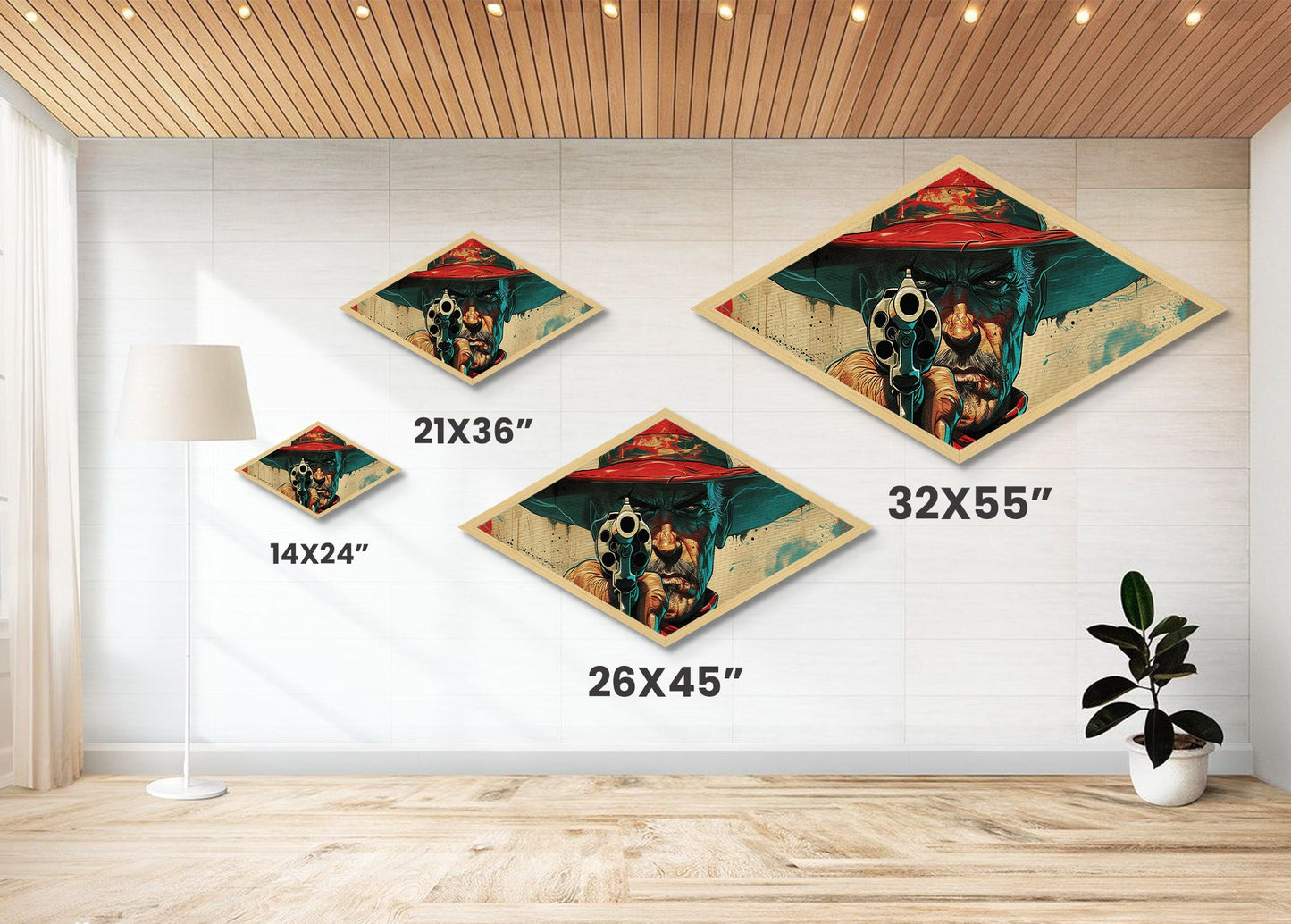 Western Gunman Gaze Diamond Shaped Canvas Embossed Print Pop Art Cowboy Portrait Bold Americana Wall Decor Man Cave Accent