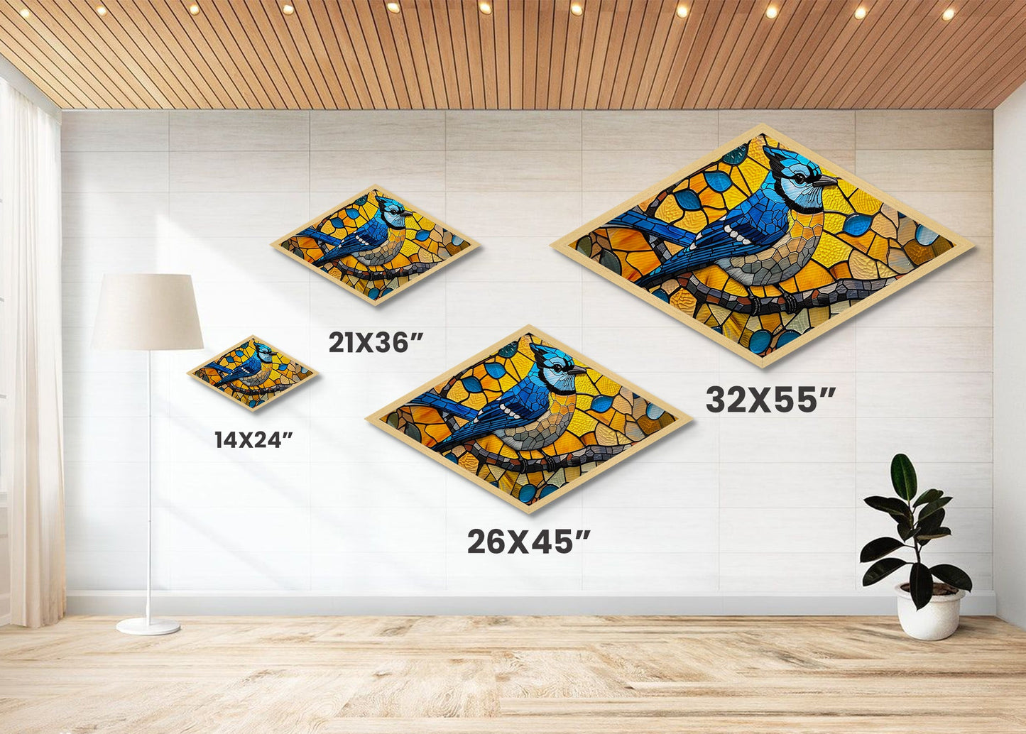 Stained Glass Bluejay Diamond Shaped Canvas Textured Print Bird Art Sunlit Window Look Nature Lover Gift Rustic Home Decor