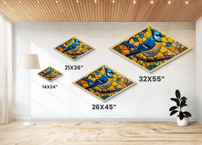 Stained Glass Bluejay Diamond Shaped Canvas Textured Print Bird Art Sunlit Window Look Nature Lover Gift Rustic Home Decor