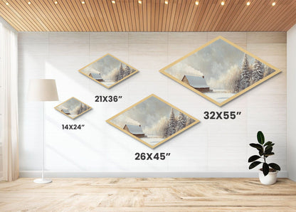 Snowy Cabin Peace – Diamond Shaped Canvas Textured Print rustic winter scene landscape wall art cozy Christmas lodge aesthetic decor