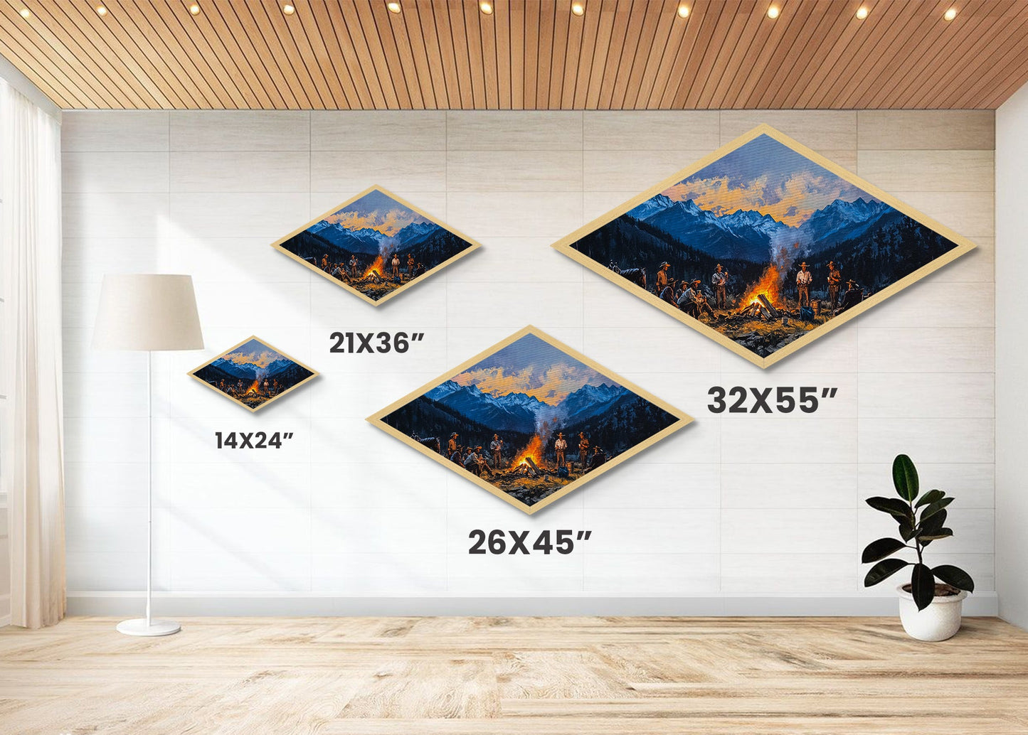 Campfire Cowboys – Diamond Shaped Canvas Art Print western rustic painting mountain landscape cowboy lodge living room Americana decor