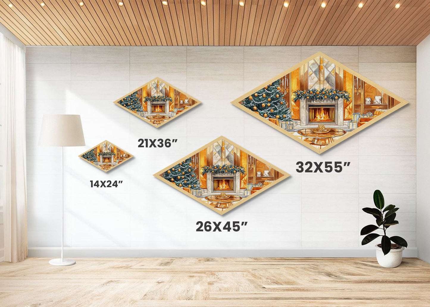 Festive Hearth – Diamond Shaped Canvas Textured Print cozy Christmas interior holiday fireplace art living room seasonal winter decor