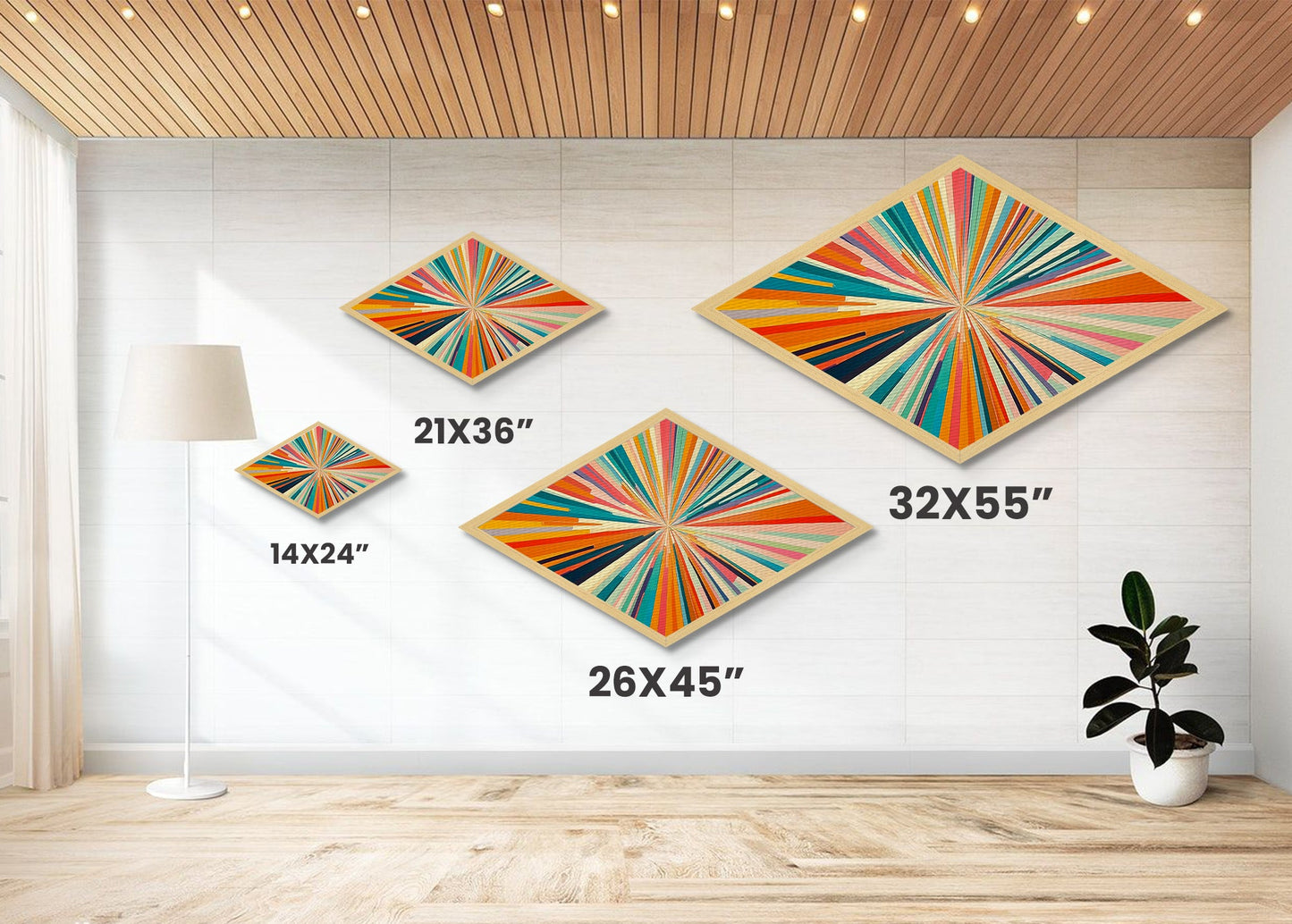 Kaleidoscope Burst Two Diamond Shaped Canvas Textured Print colorful abstract art pop modern rainbow rays living room statement