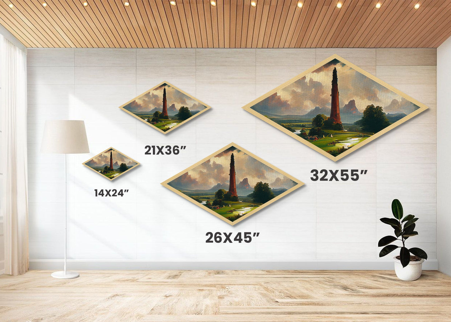 Towering Realm Scene Diamond Shaped Canvas Art Print, Mythic Landscape Fantasy Wall Decor, Romanticism Style Magical Nature View