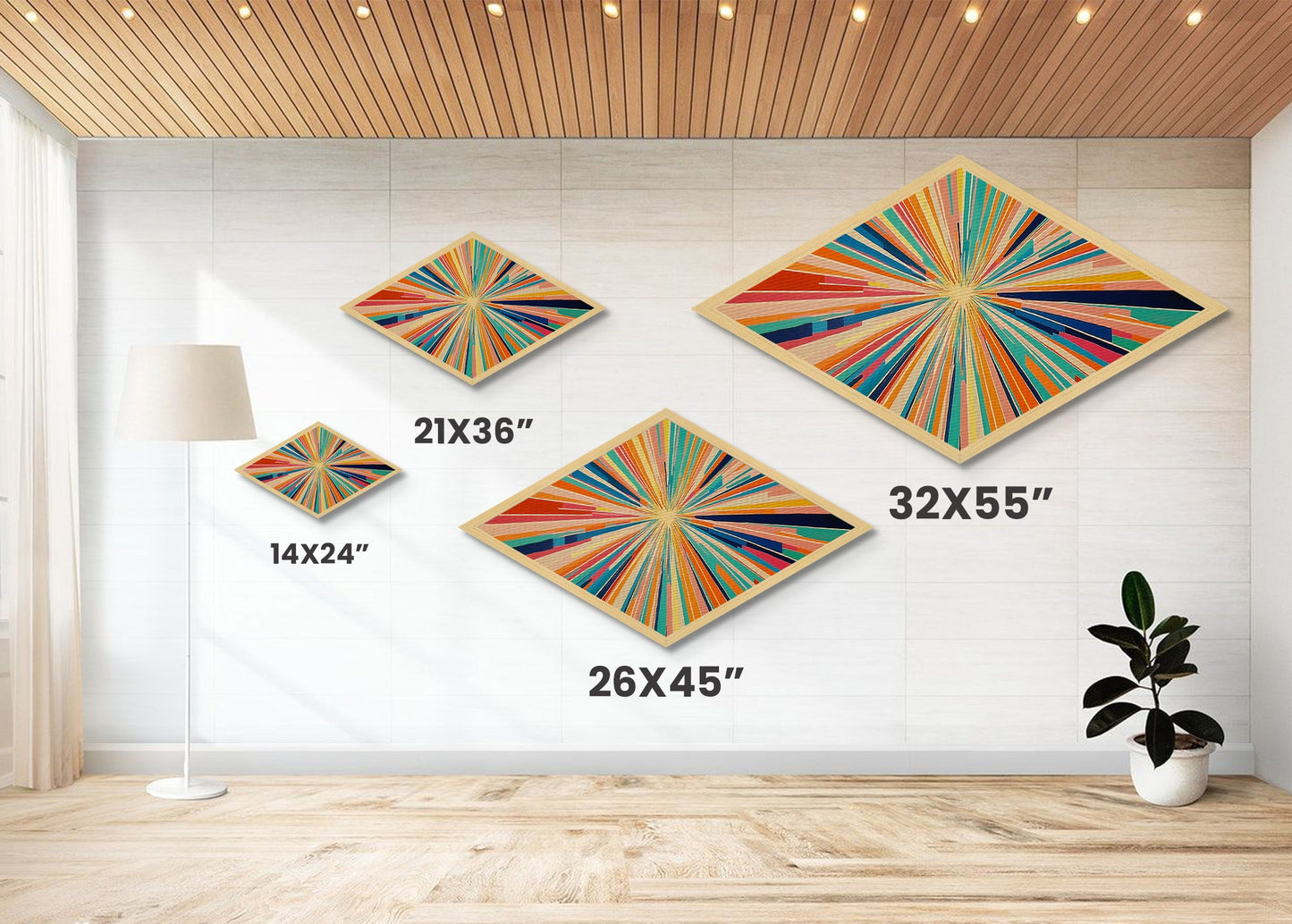 Retro Midcentury Modern Diamond Shaped Canvas Art Print, Color Burst, Green, Yellow and Red Swirl, Colorful Above Sofa Art