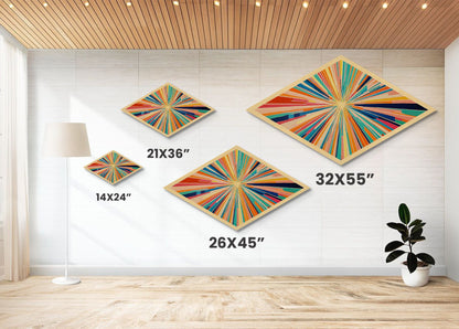 Retro Midcentury Modern Diamond Shaped Canvas Art Print, Color Burst, Green, Yellow and Red Swirl, Colorful Above Sofa Art