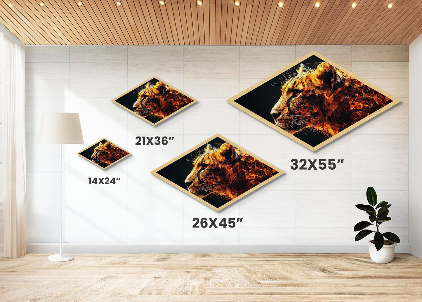 Prismatic Tiger Tech Diamond Shaped Canvas Embossed Print futuristic animal artwork digital geometric wild cat bedroom den or gamer wall piece