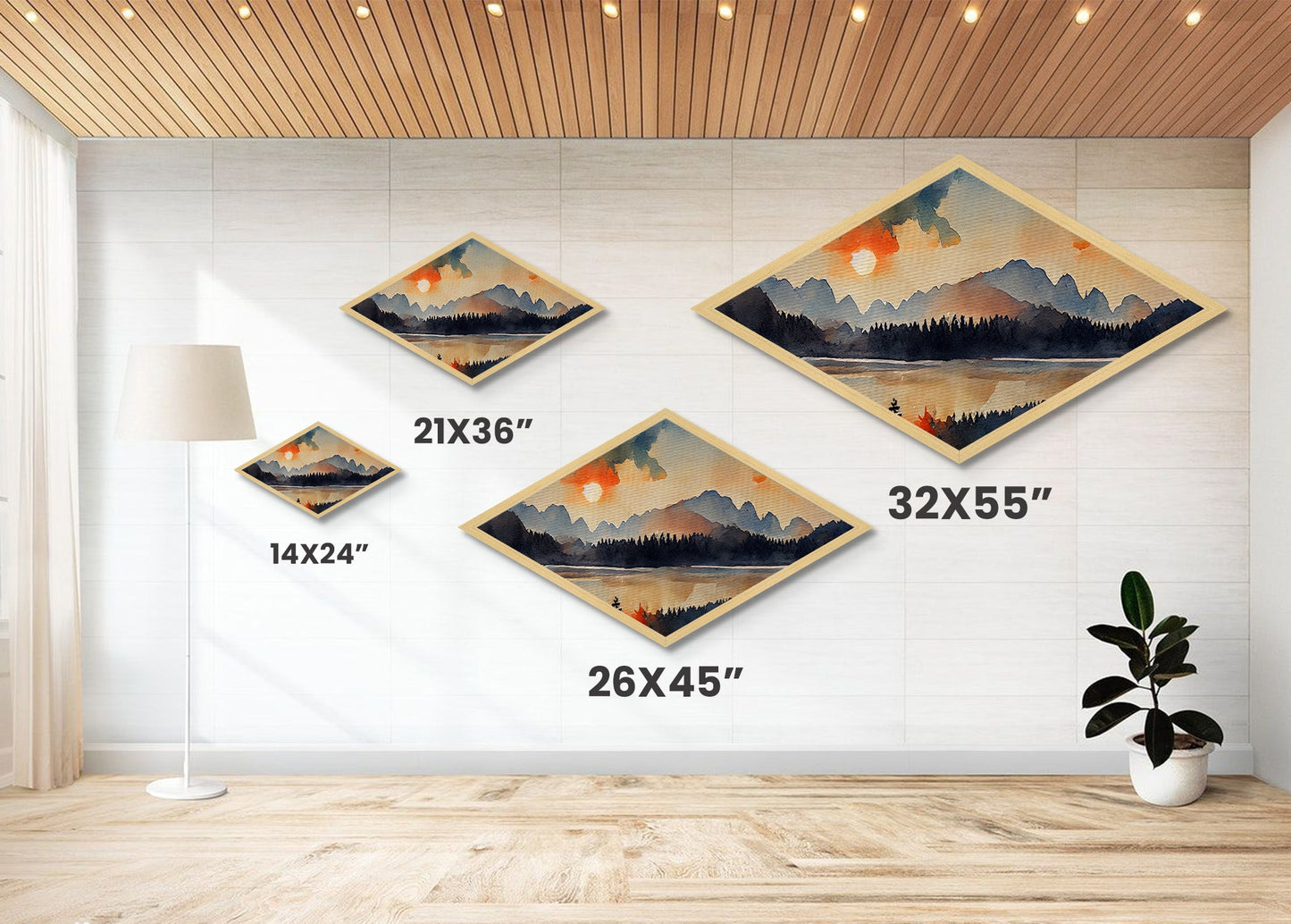 Sunset Over The Smoky Mountains, Diamond Shaped Art Print, Watercolor Landscape Painting, Nature Decor, Canvas Texture Art Print