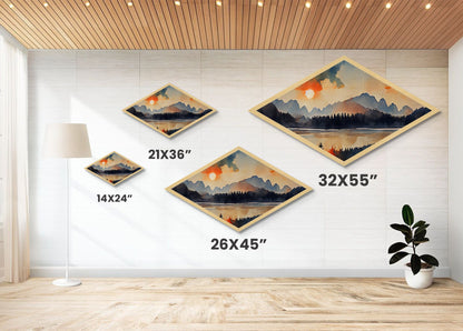 Sunset Over The Smoky Mountains, Diamond Shaped Art Print, Watercolor Landscape Painting, Nature Decor, Canvas Texture Art Print