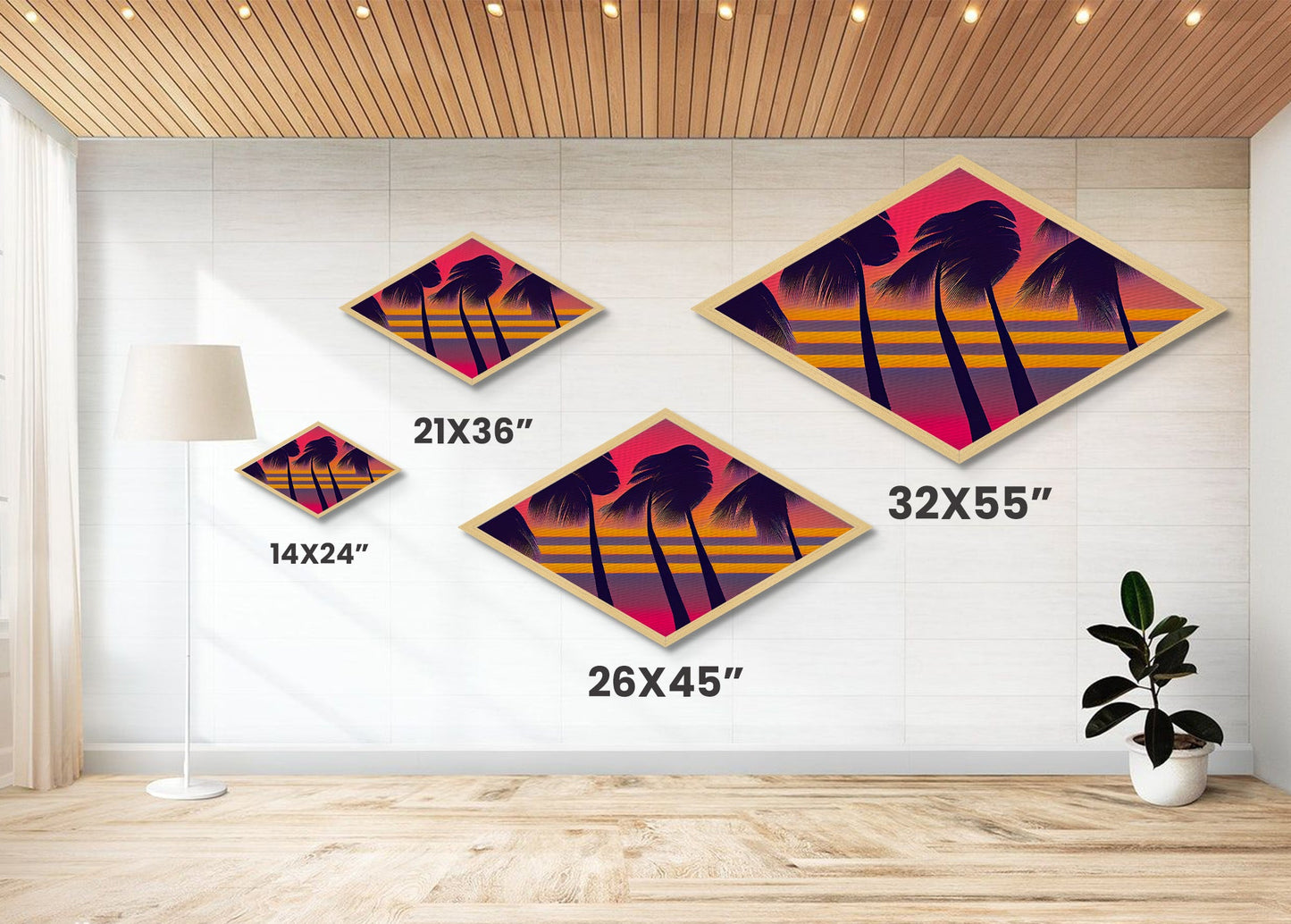 MCM Palm Trees Framed Canvas Art Print - Diamond Shaped Art - Retro Synthwave Home Decor