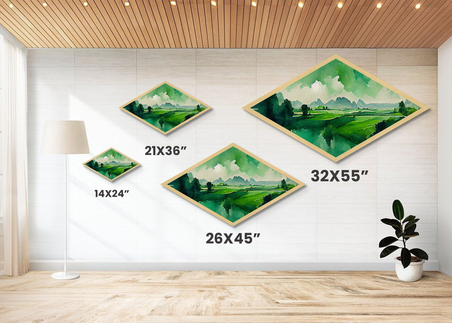 Verdant Horizon Diamond Shaped Landscape Wall Art Canvas Embossed Print Green Mountain Nature Illustration Pastoral Home Decor Accent